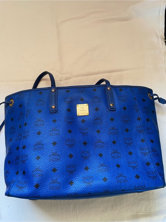 MCM Handbags - MCM Royal Blue Monogrammed Tote with Gold Plaque (Reversible)
